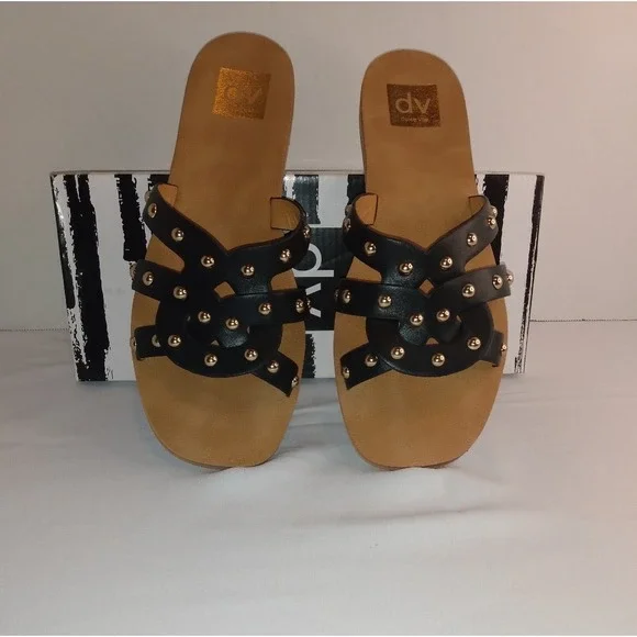 Dolce Vita Size 9 Studded Black Strappy Sandals Slides Flats Shoes - Picture 2 of 4